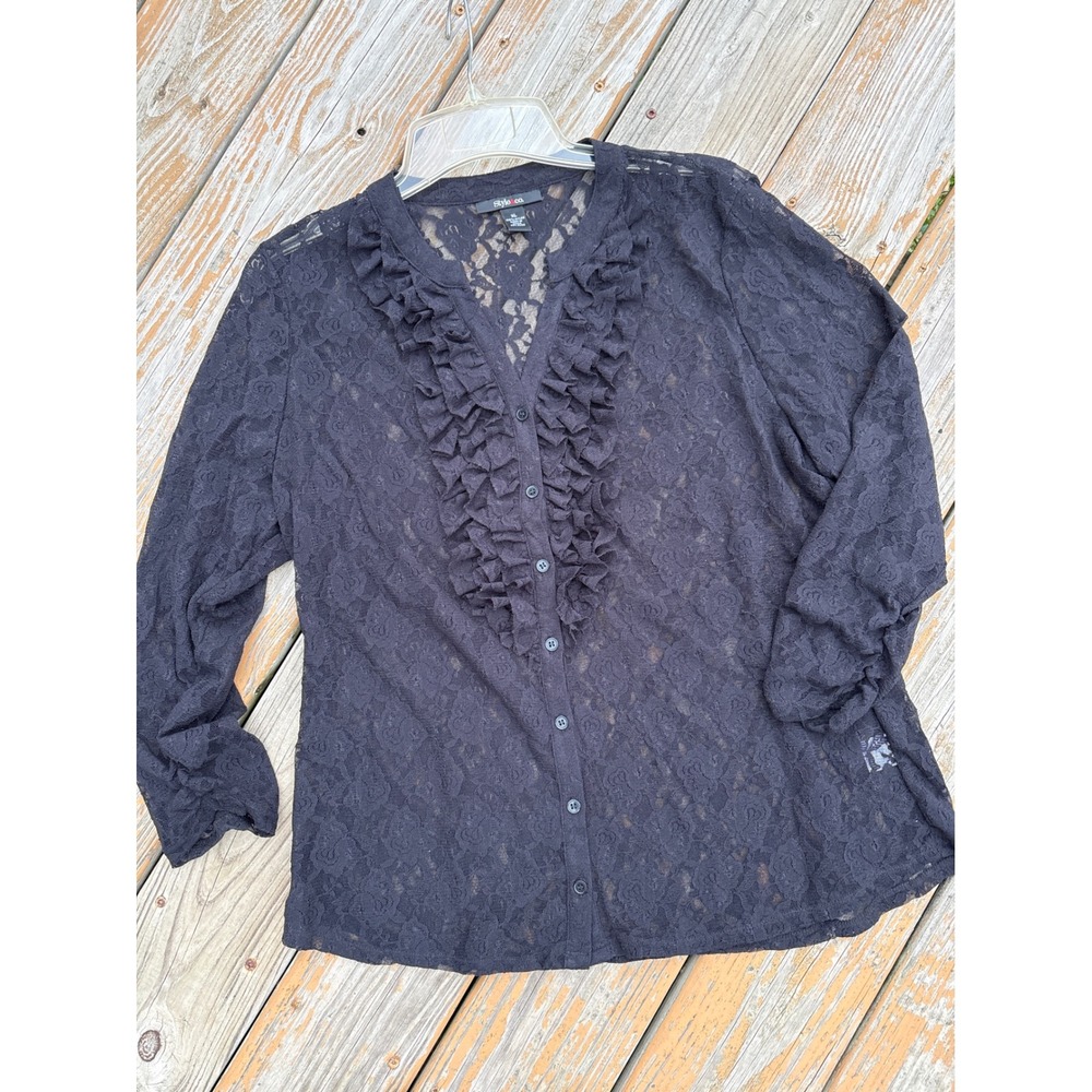 Style & Co Women Black Floral Lace Ruffle V-Neck Button Front Blouse Top XL SOFT